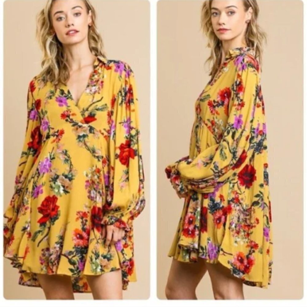 Umgee Floral Print Long Ruffle Puff Sleeve Split Collared Neck Dress Boho Small